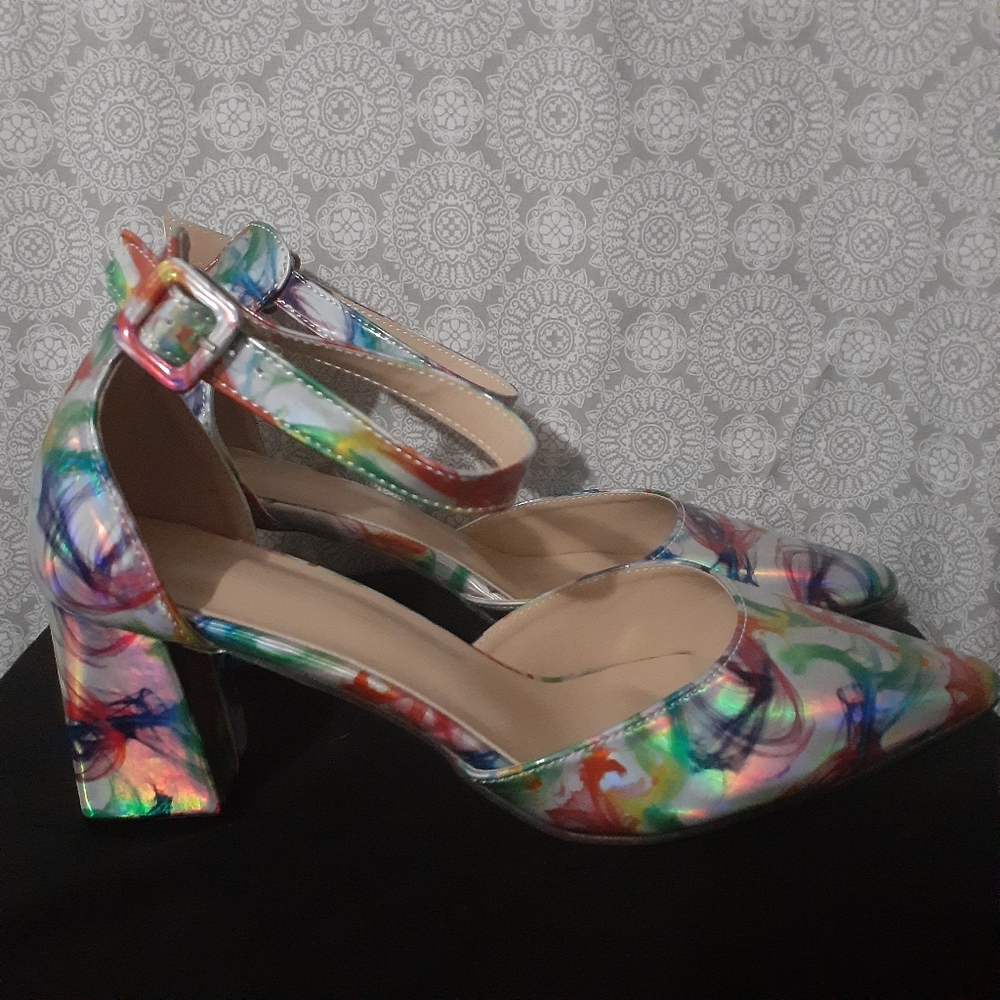 Rainbiw Shift Women’s Holo Multicolor Ankle-Strap Block Heel Pumps
